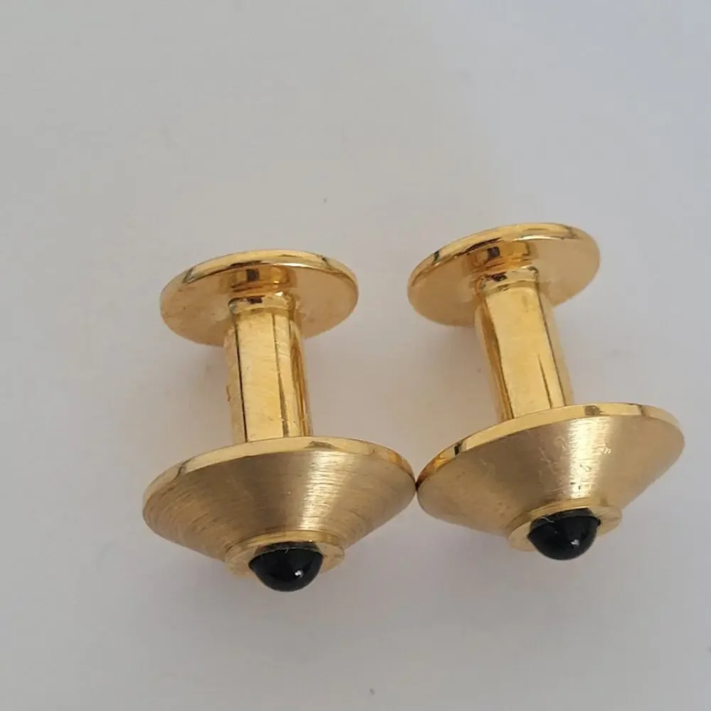 Dunhill Cufflinks Gold Black Tone Logo Round Designer Vintage Onyx Cobochon